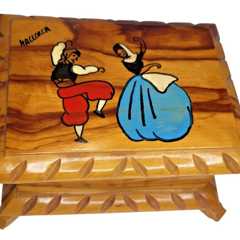 Wooden Trinket Box from Mallorca Spain Painted Dancers On Lid 5"x4"x3" vintage